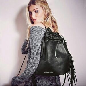 Victoria’s Secret Black Faux Leather Fringe Backpack Boho Shoulder Bag NWOT 1of2